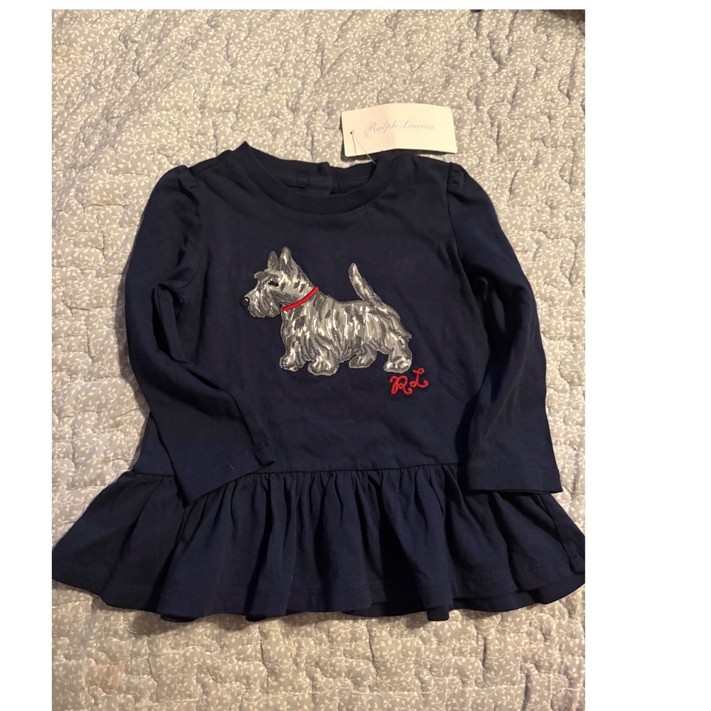 Ralph Lauren Peplum Top Kids 9M Navy NEW Scottie Dog Embroidery Long Sleeve